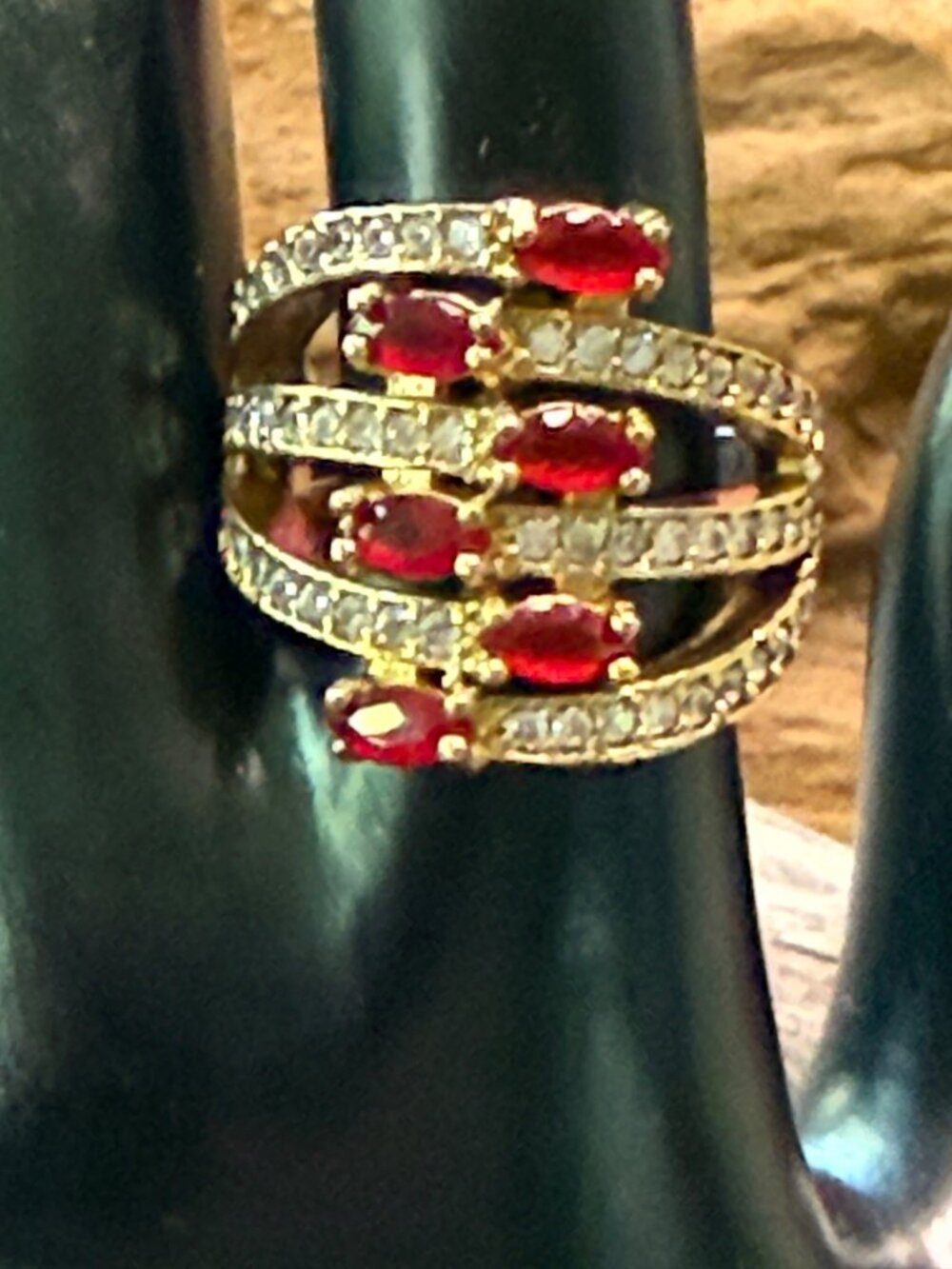 Sterling Silver & Bronze Ring with red glass Size 7.75
